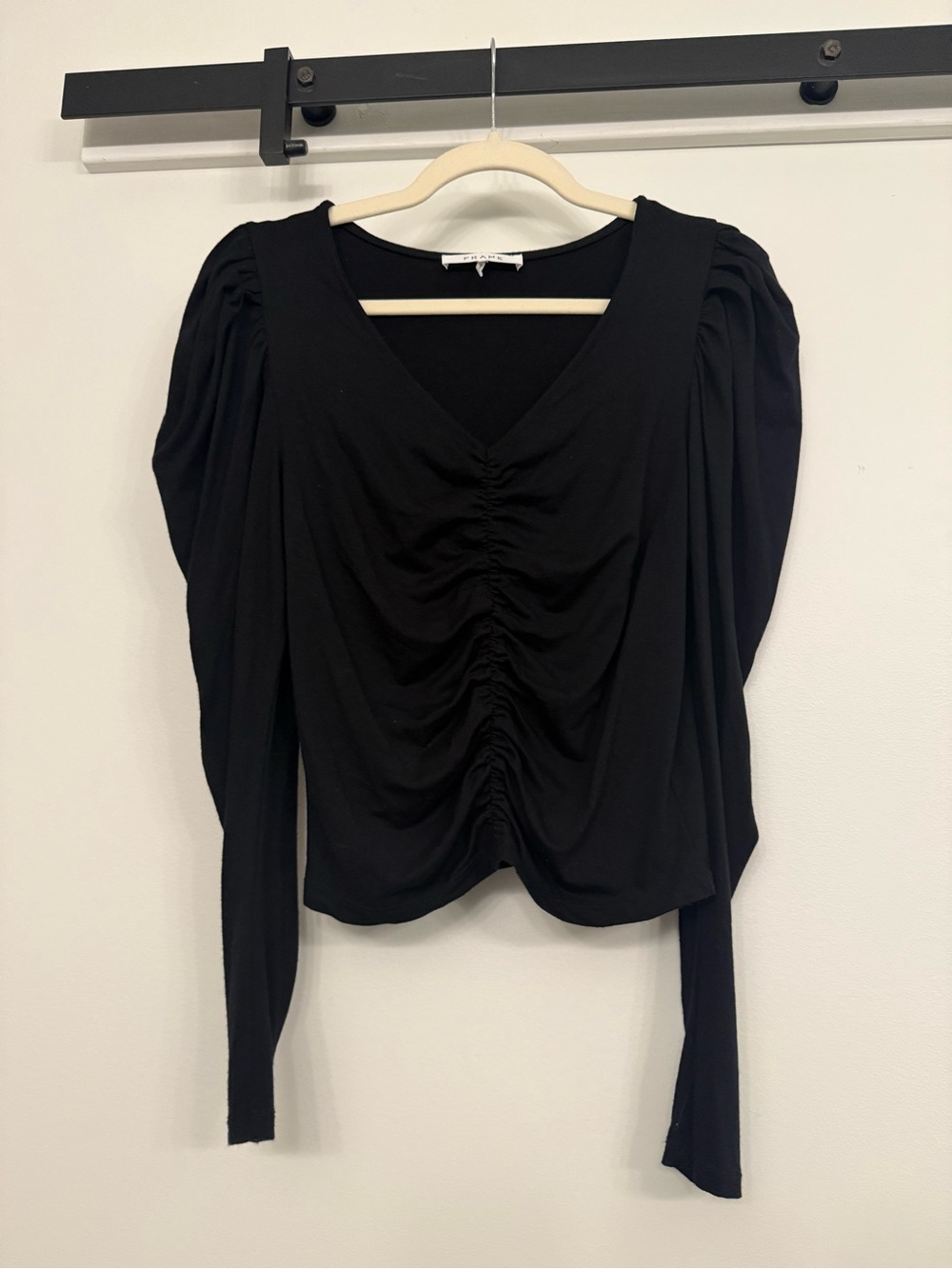 Frame Denim Black V-Neck Ruched Long Sleeve Top